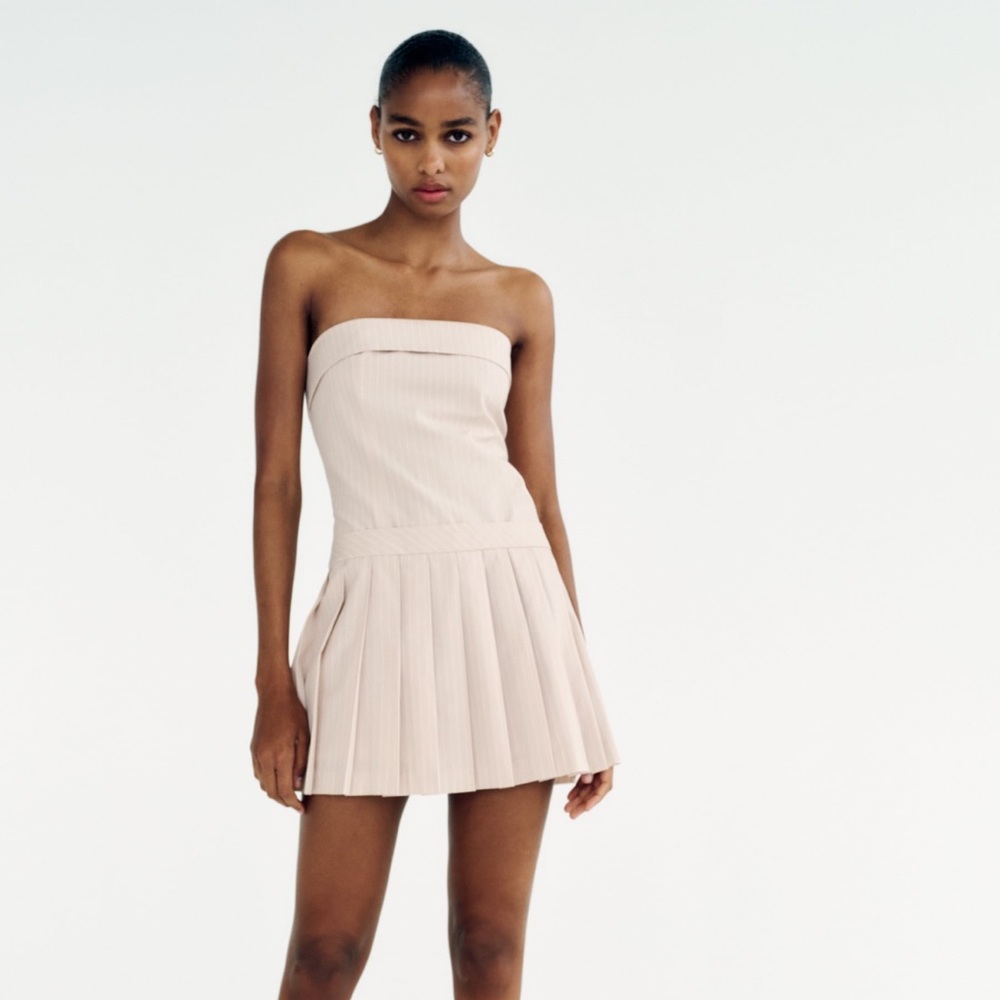 ZARA Striped Strapless Dress in Pale Pink